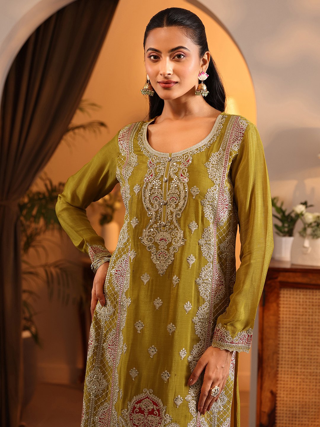 Green Printed Chinon Straight Kurta, Palazzos and Dupatta Set