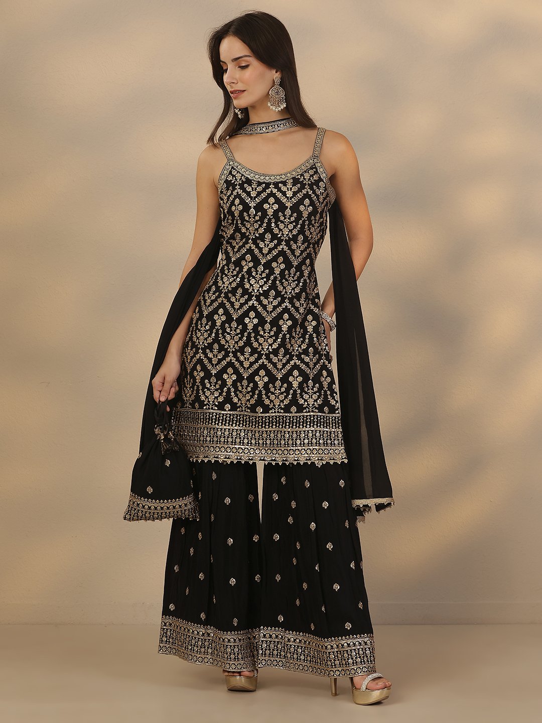 Black Embroidered Chinon Straight Kurta, Sharara and Dupatta Set