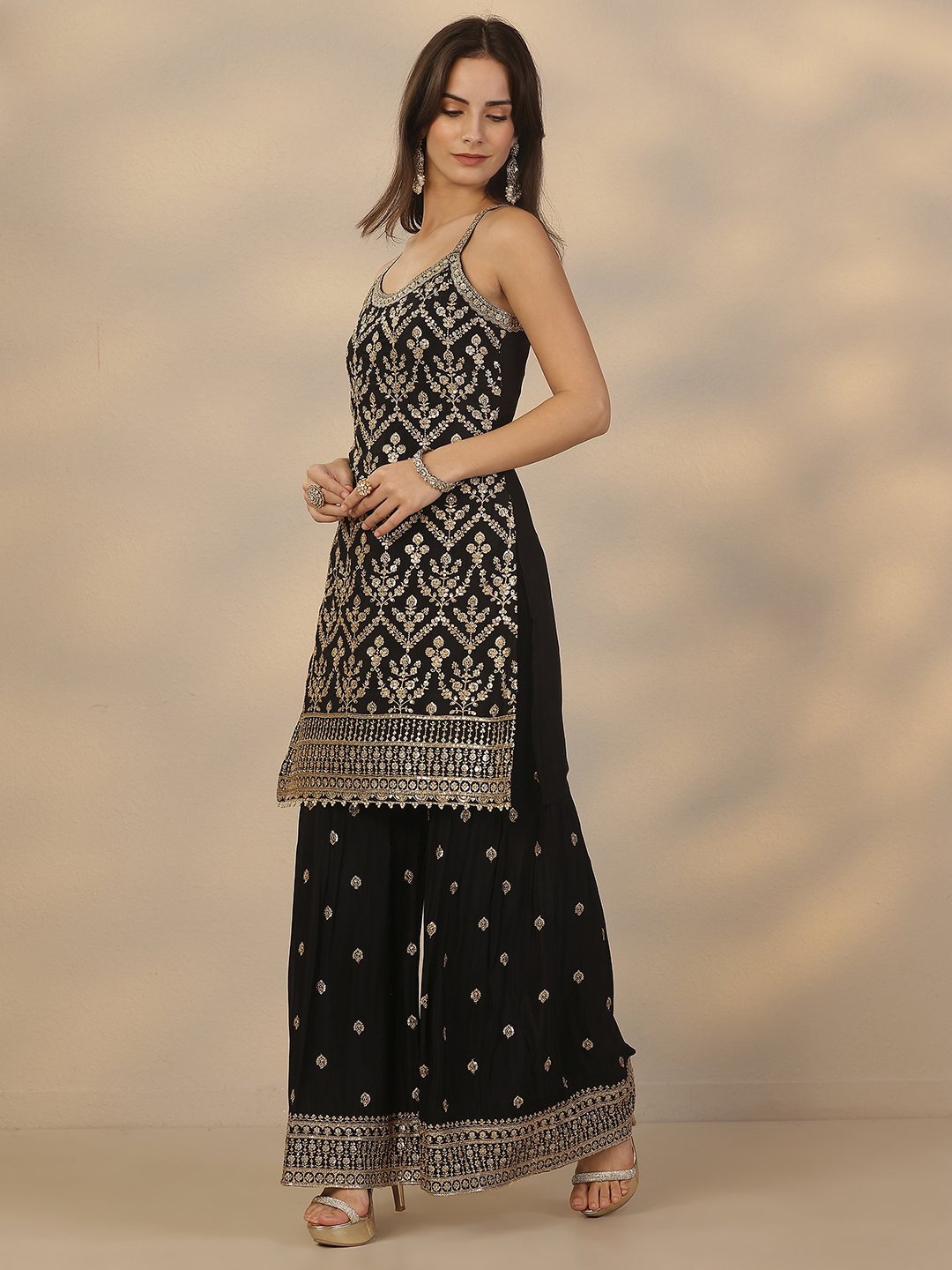 Black Embroidered Chinon Straight Kurta, Sharara and Dupatta Set
