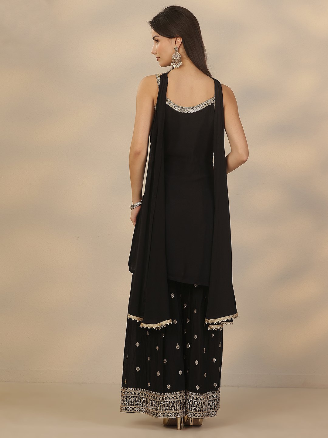 Black Embroidered Chinon Straight Kurta, Sharara and Dupatta Set