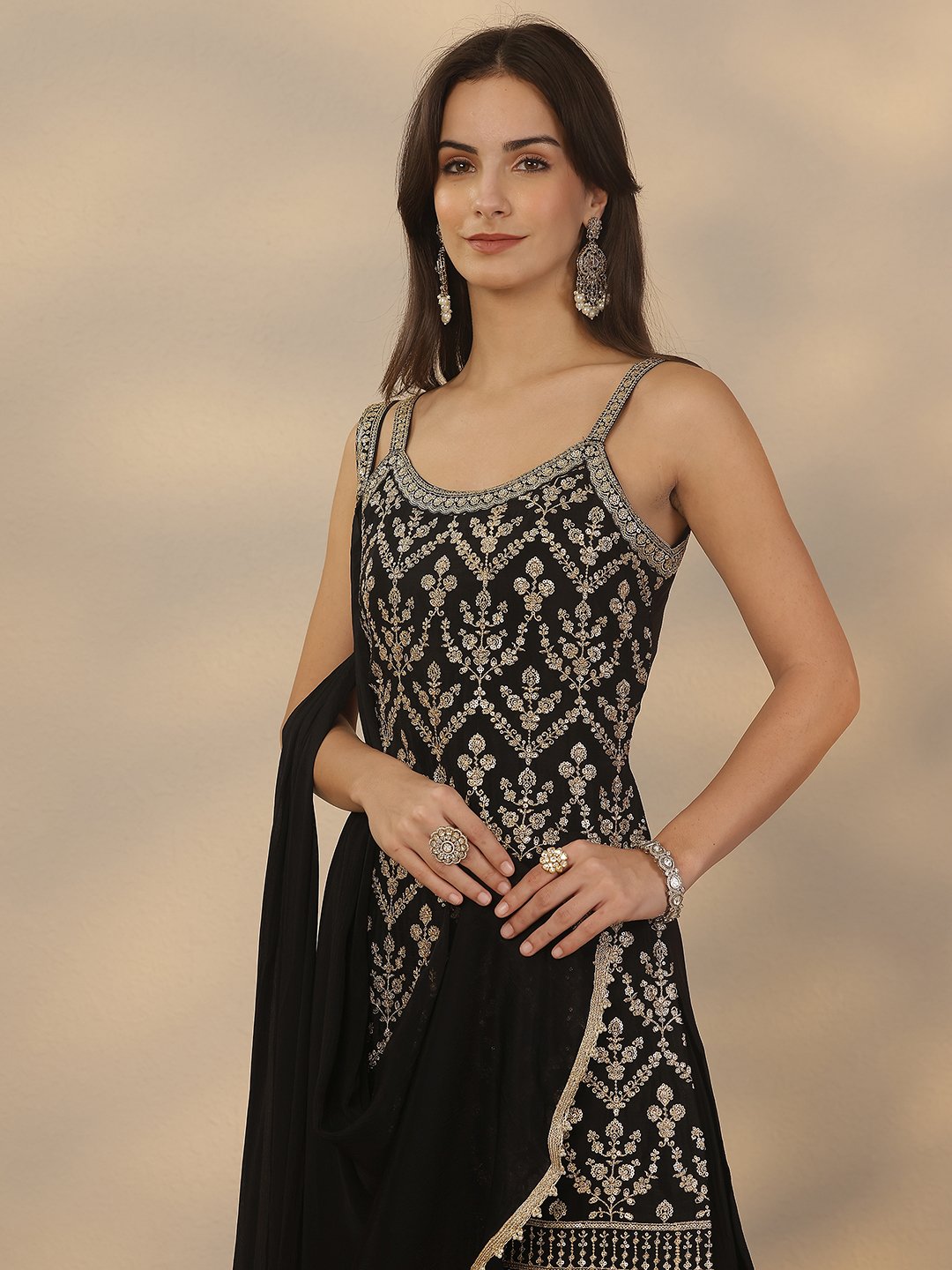 Black Embroidered Chinon Straight Kurta, Sharara and Dupatta Set
