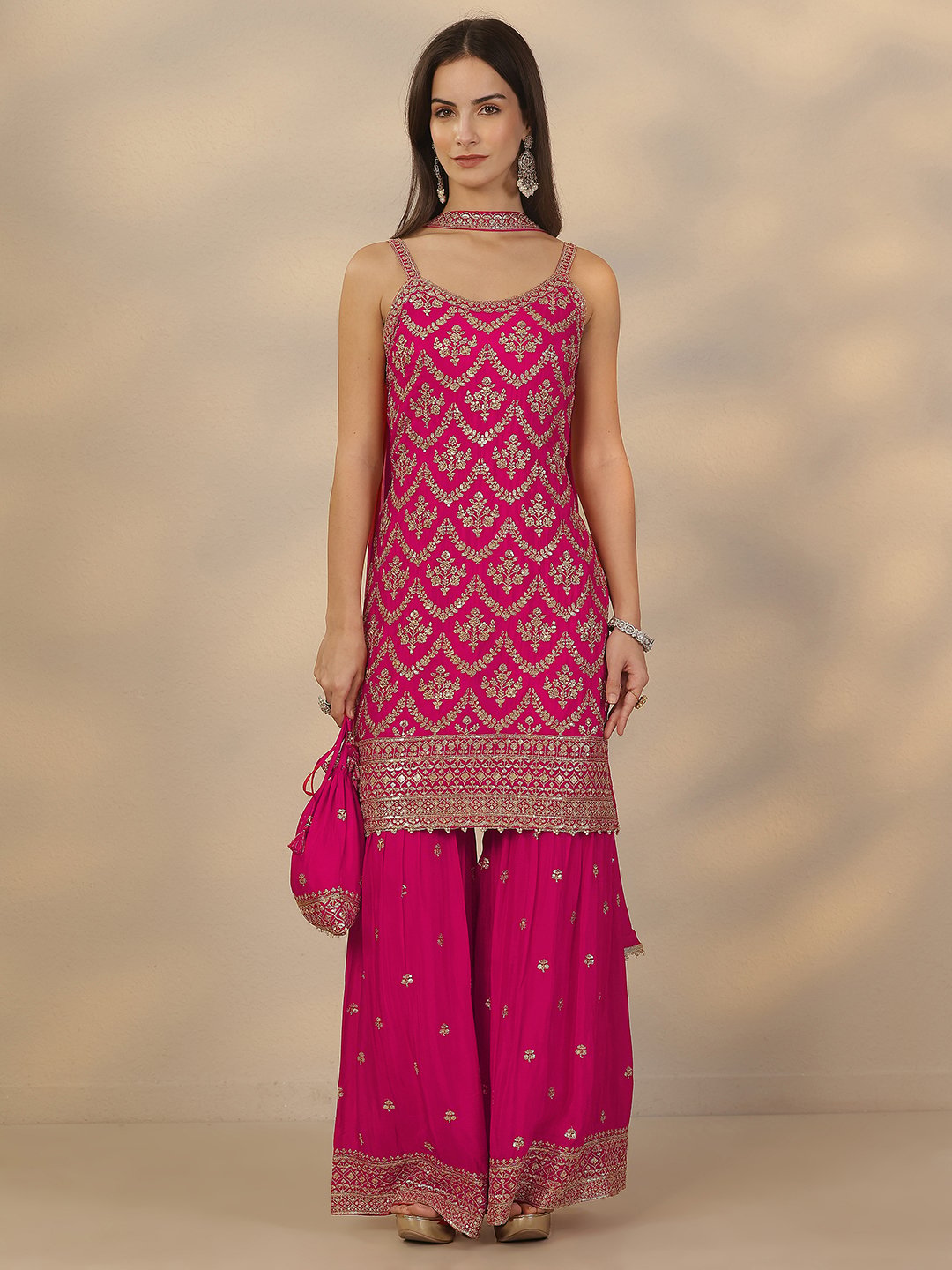 Pink Embroidered Chinon Straight Kurta, Sharara and Dupatta Set
