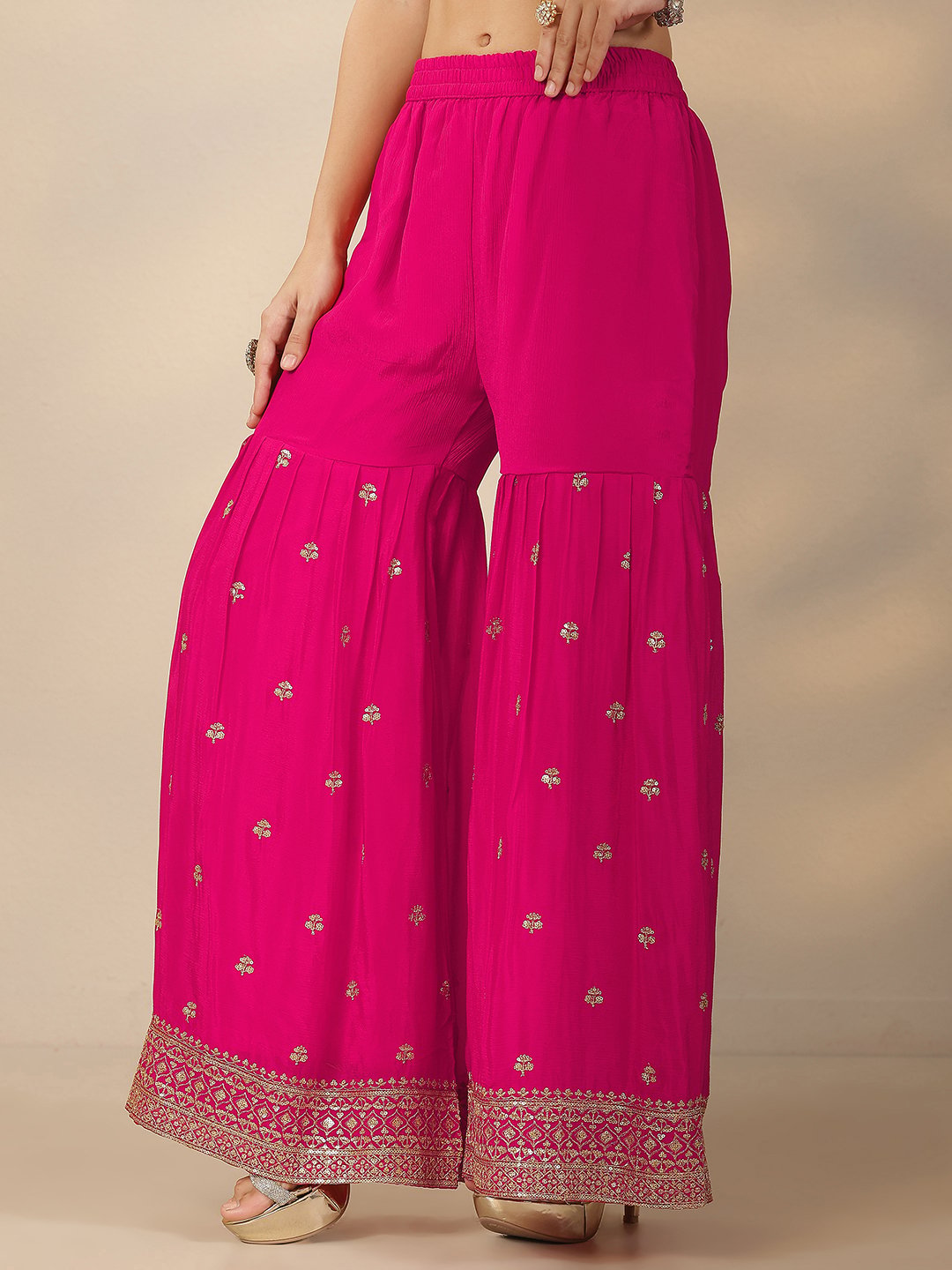 Pink Embroidered Chinon Straight Kurta, Sharara and Dupatta Set