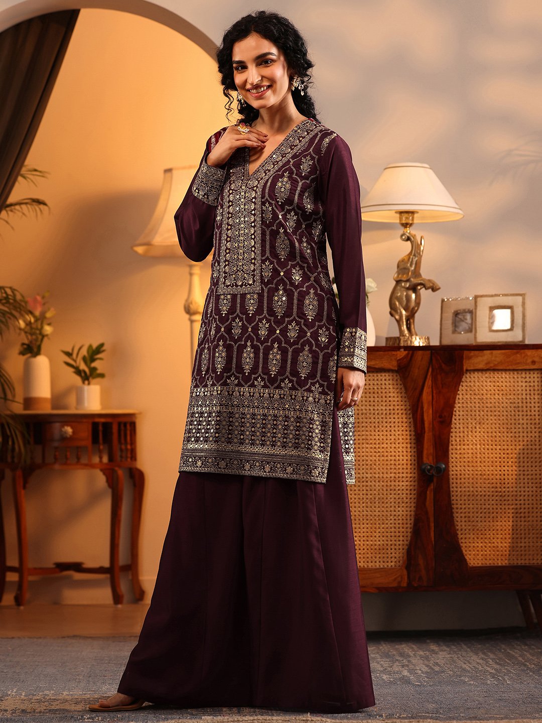 Maroon Printed Silk Blend Straight Kurta, Palazzos and Dupatta Set