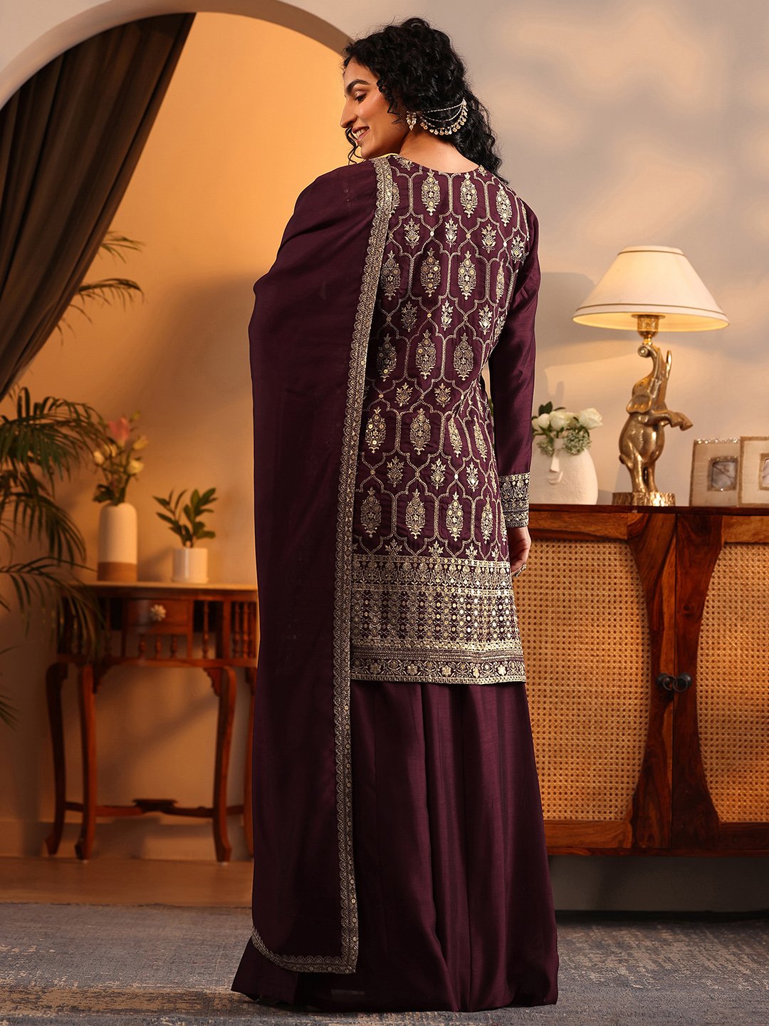 Maroon Printed Silk Blend Straight Kurta, Palazzos and Dupatta Set