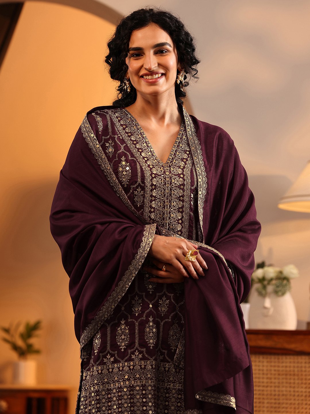 Maroon Printed Silk Blend Straight Kurta, Palazzos and Dupatta Set