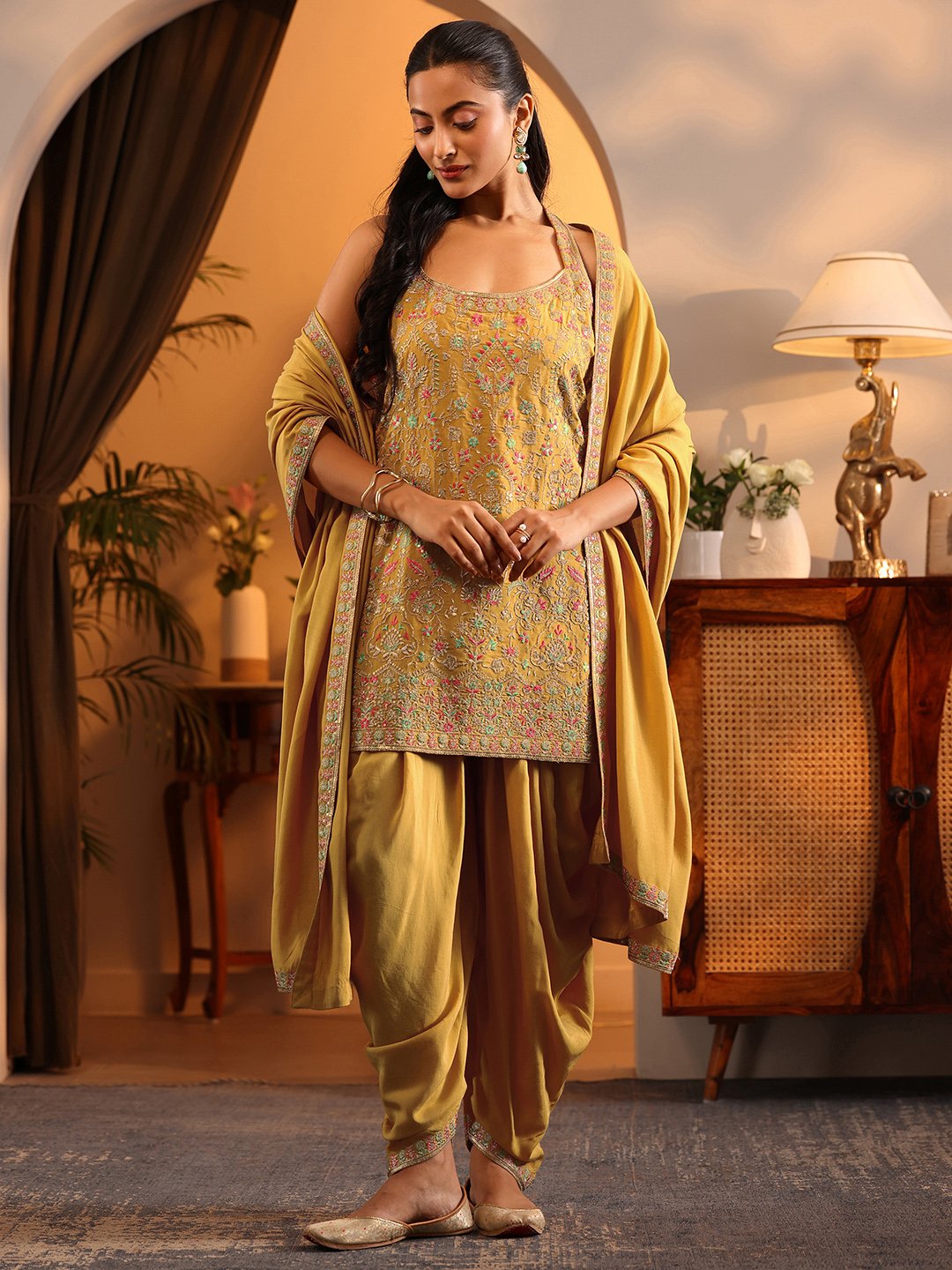 Mustard Printed Silk Blend Straight Kurta With Dhoti Pant Dupatta