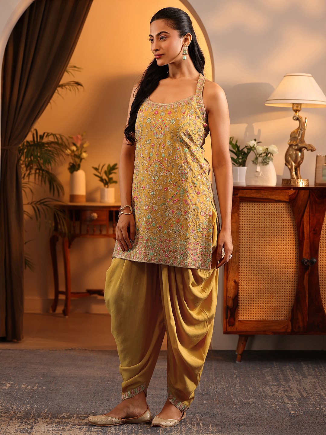 Mustard Printed Silk Blend Straight Kurta With Dhoti Pant Dupatta