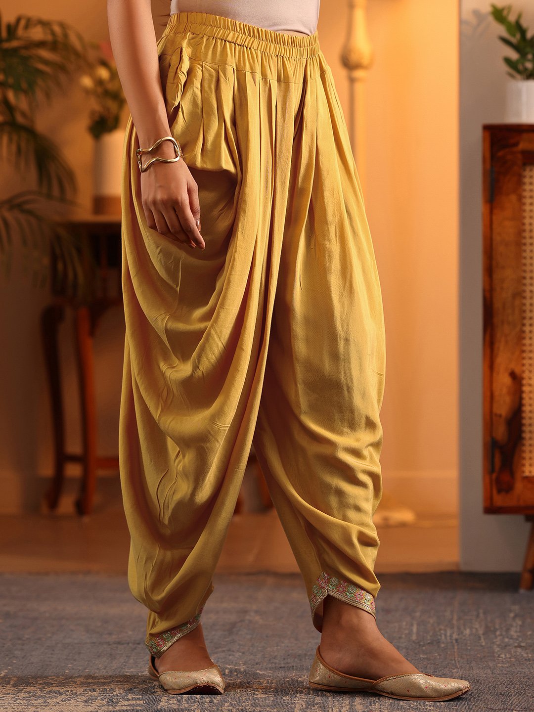 Mustard Printed Silk Blend Straight Kurta With Dhoti Pant Dupatta