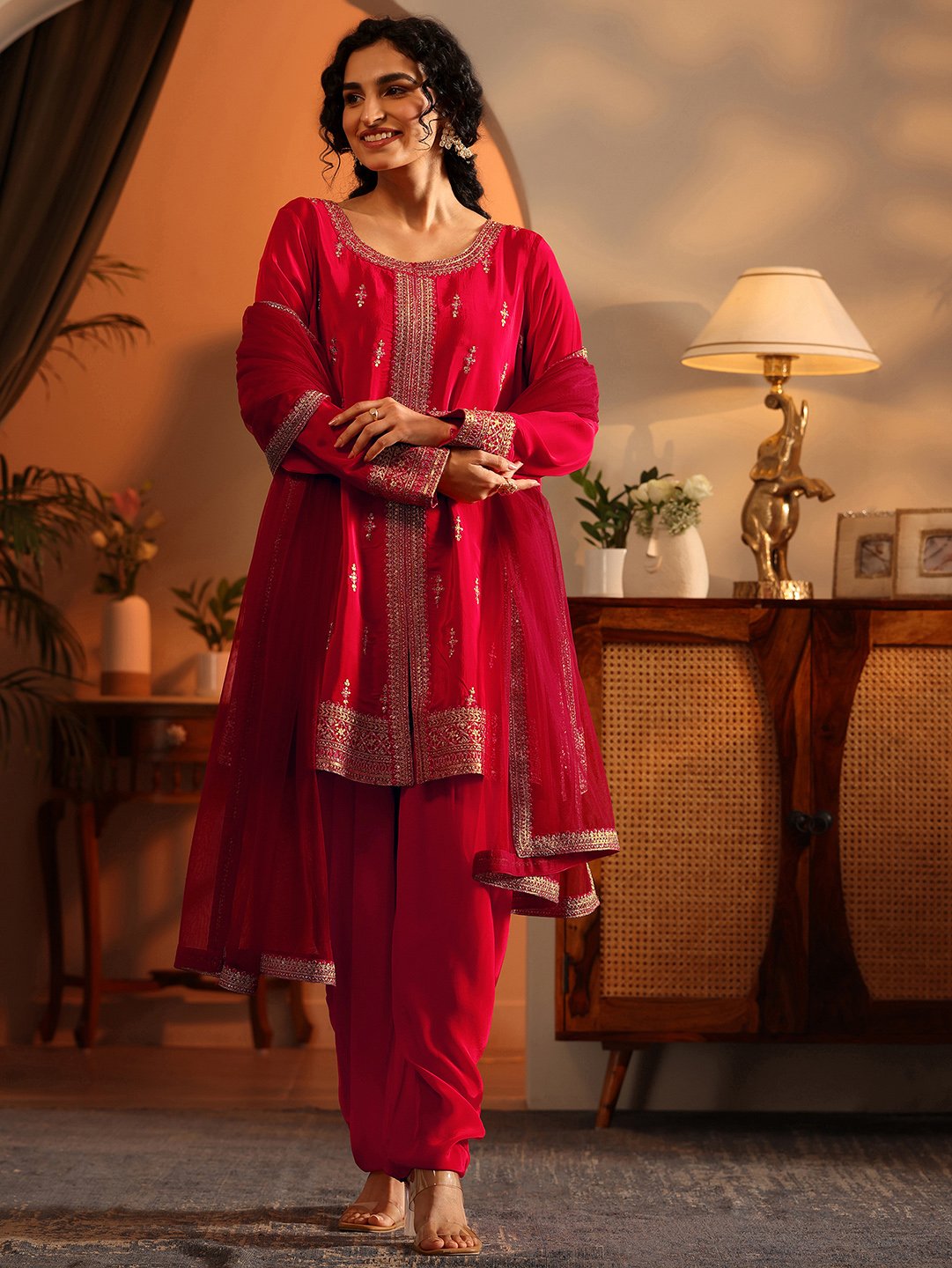 Red Embroidered Silk Blend Straight Kurta, Palazzos and Dupatta Set