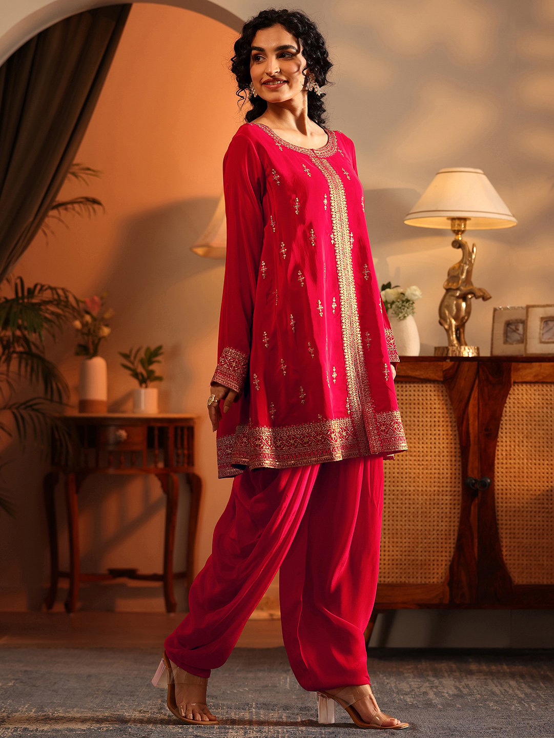 Red Embroidered Silk Blend Straight Kurta, Palazzos and Dupatta Set