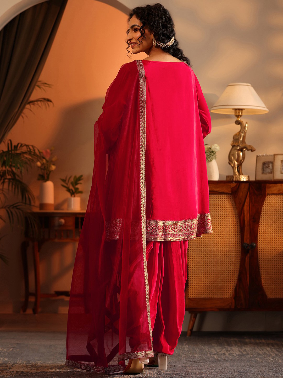 Red Embroidered Silk Blend Straight Kurta, Palazzos and Dupatta Set