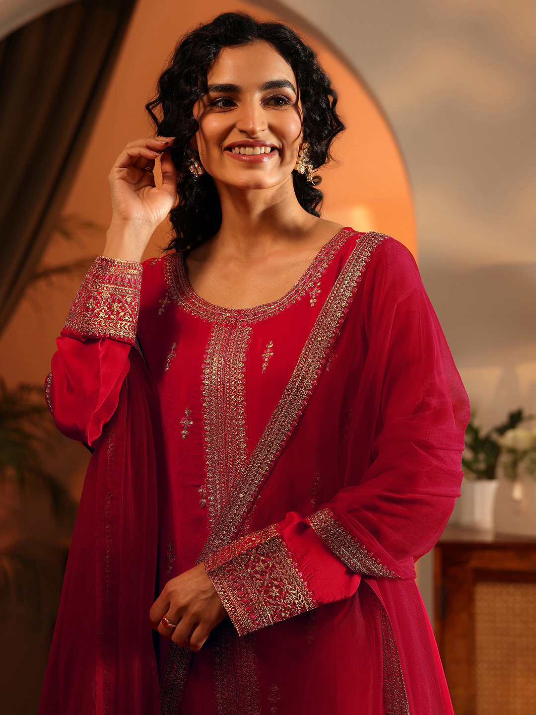 Red Embroidered Silk Blend Straight Kurta, Palazzos and Dupatta Set