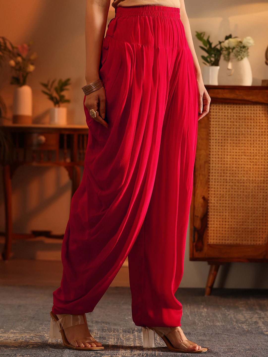 Red Embroidered Silk Blend Straight Kurta, Palazzos and Dupatta Set
