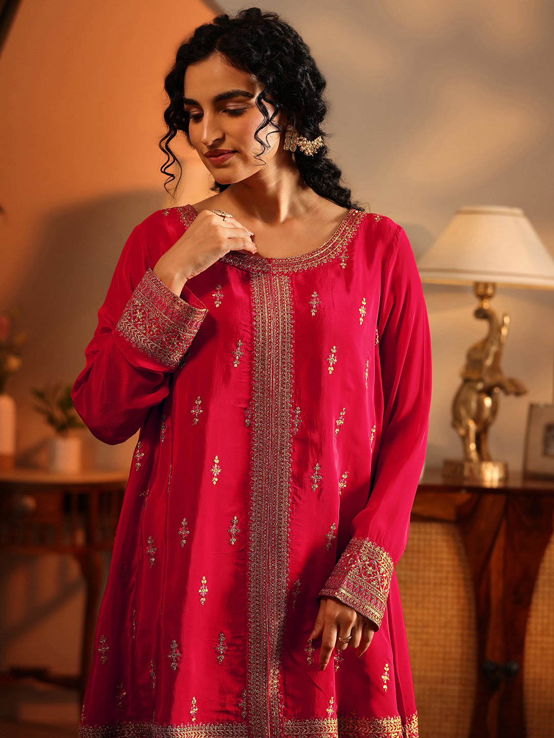Red Embroidered Silk Blend Straight Kurta, Palazzos and Dupatta Set