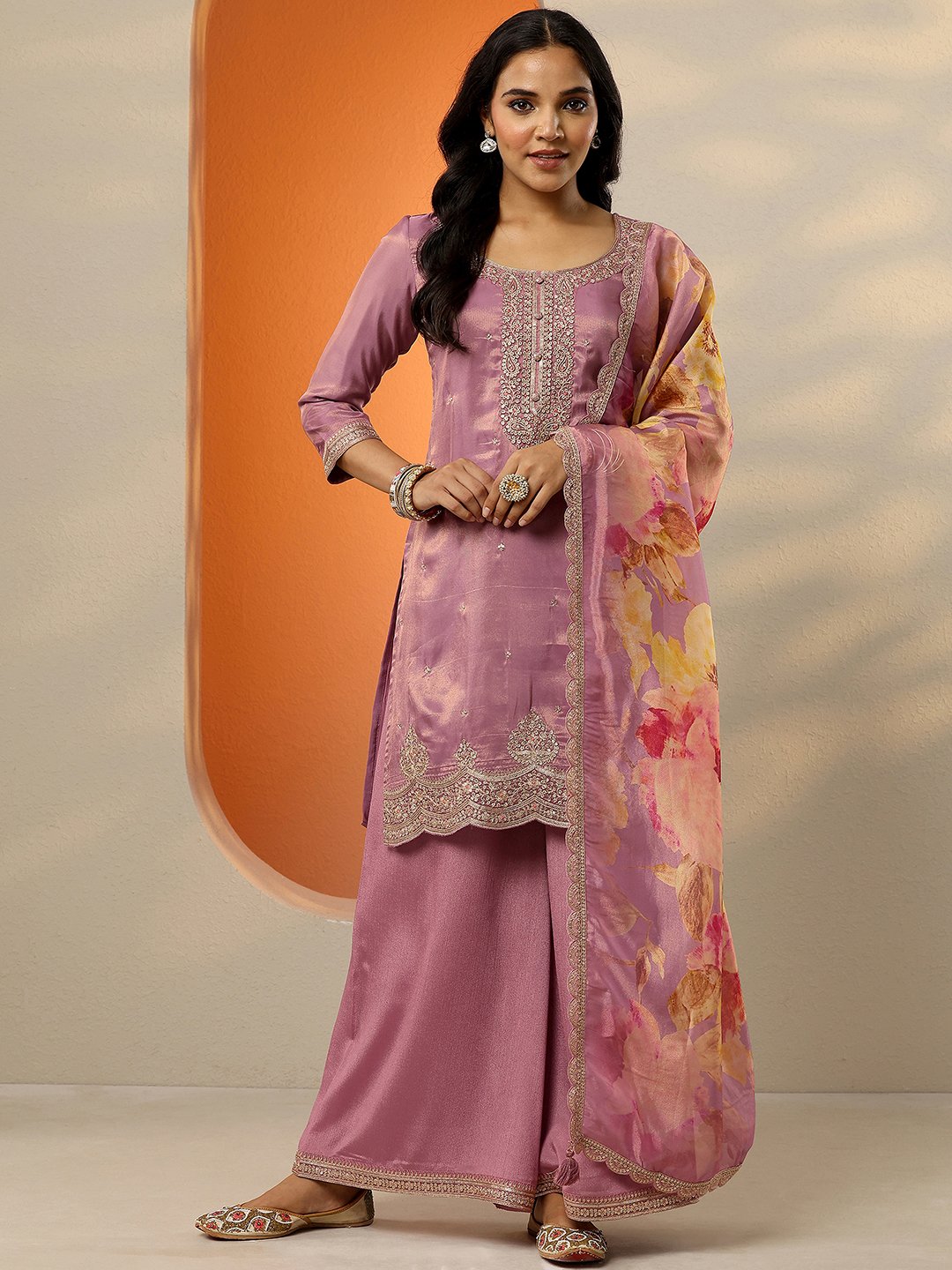 Mauve Printed Silk Blend Straight Kurta, Palazzos and Dupatta Set
