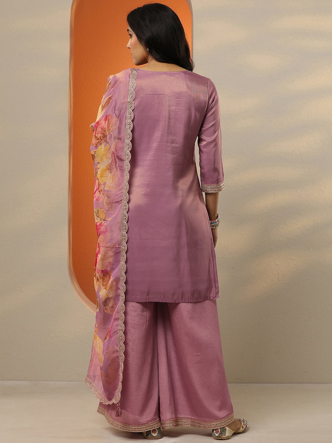Mauve Printed Silk Blend Straight Kurta, Palazzos and Dupatta Set