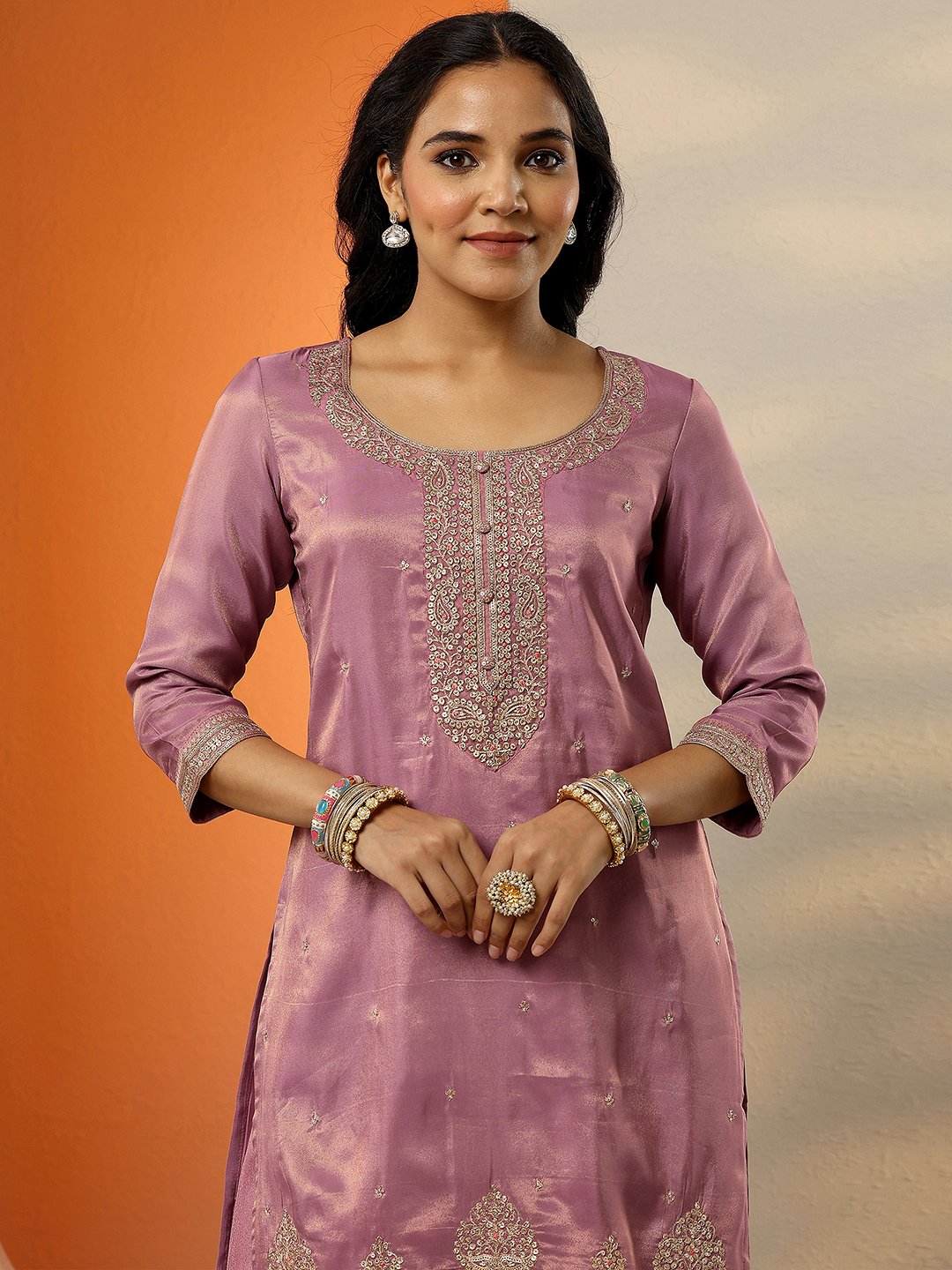 Mauve Printed Silk Blend Straight Kurta, Palazzos and Dupatta Set