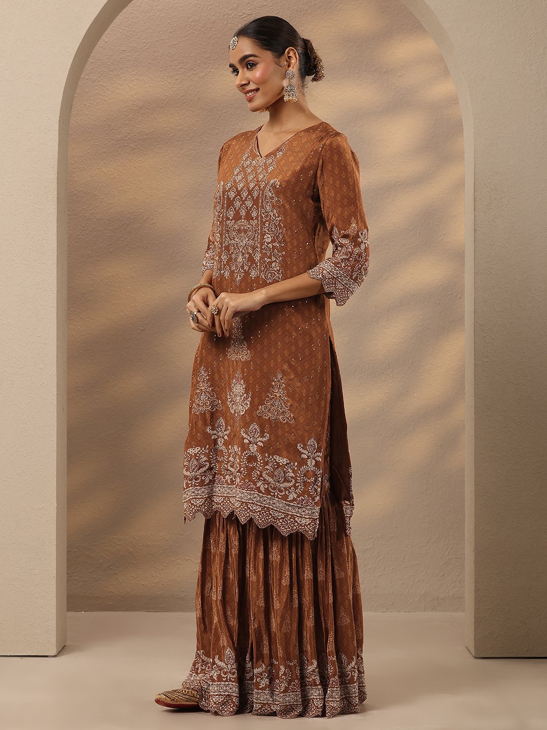 Rust Printed Crepe Straight Kurta and Sharara Set