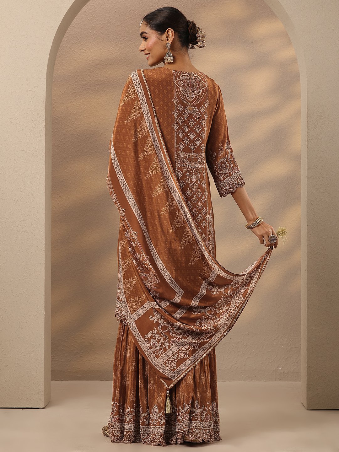 Rust Printed Crepe Straight Kurta and Sharara Set