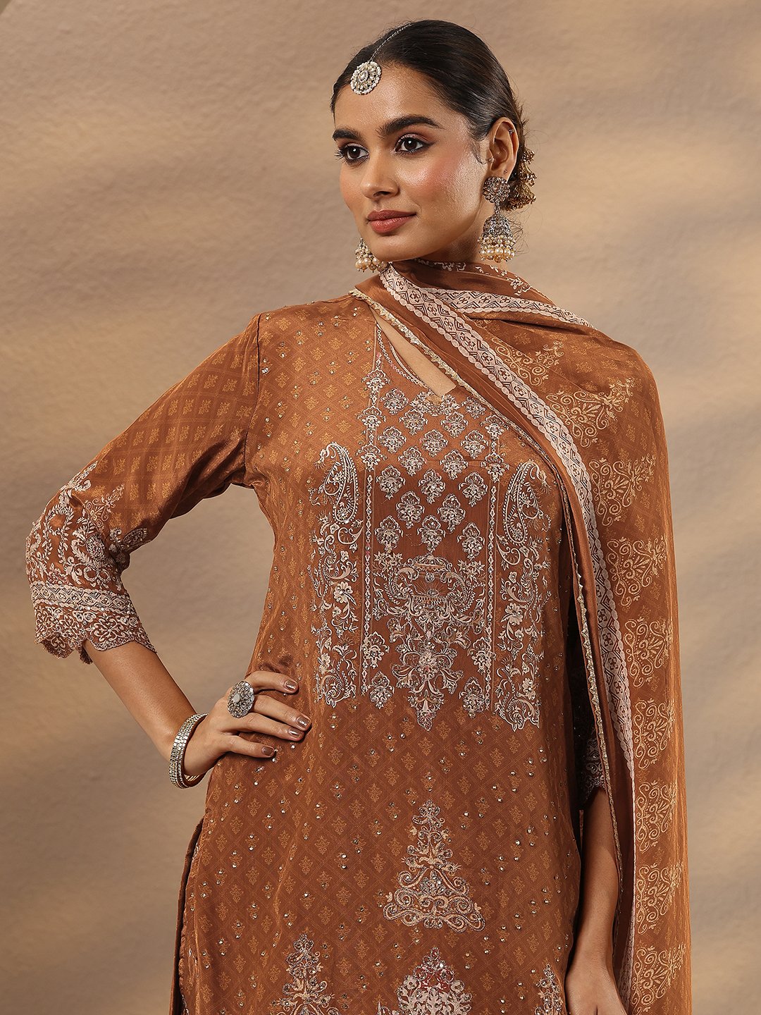Rust Printed Crepe Straight Kurta and Sharara Set