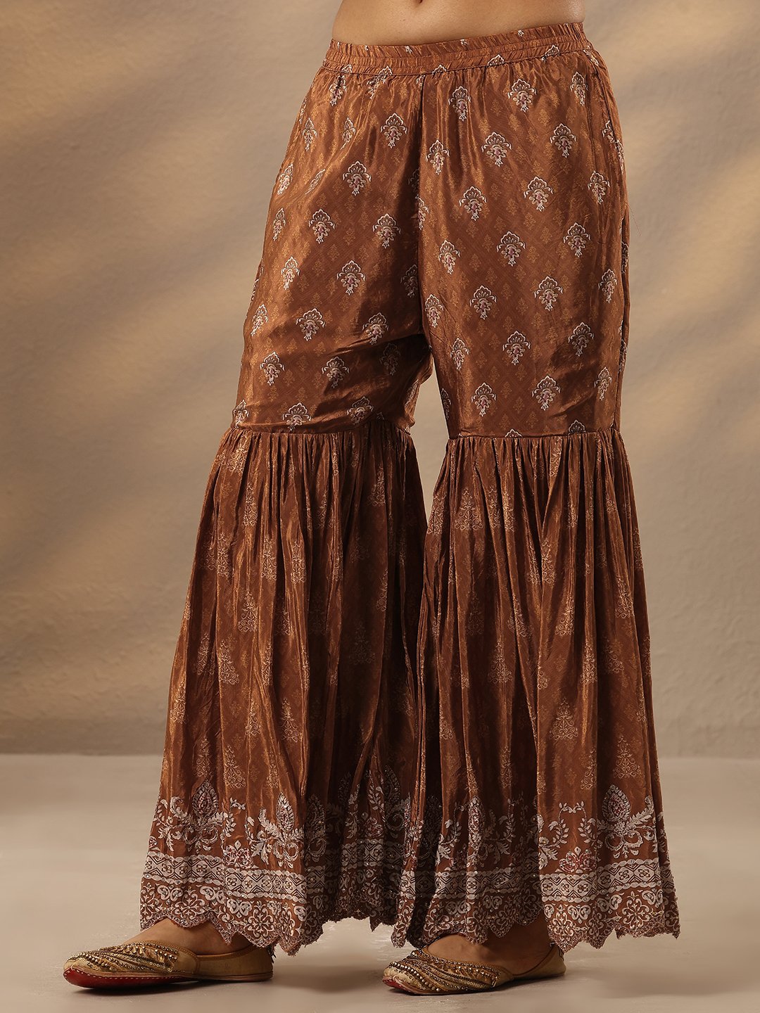Rust Printed Crepe Straight Kurta and Sharara Set
