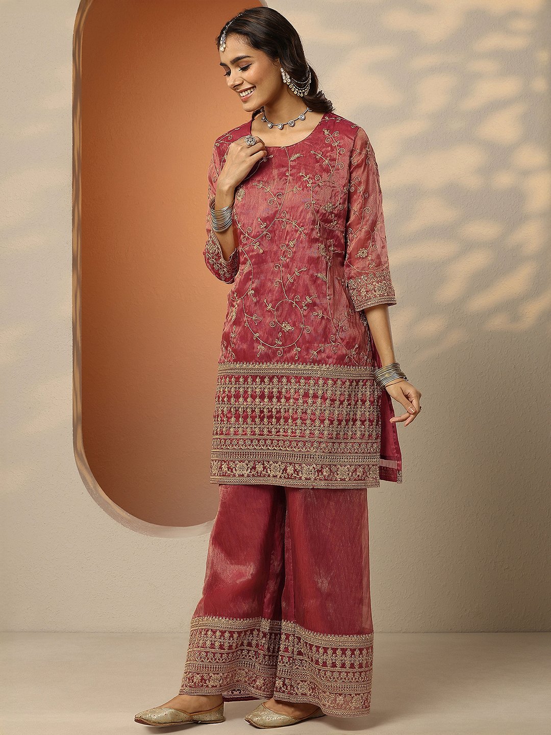 Red Printed Organza Straight Kurta, Palazzos and Dupatta Set