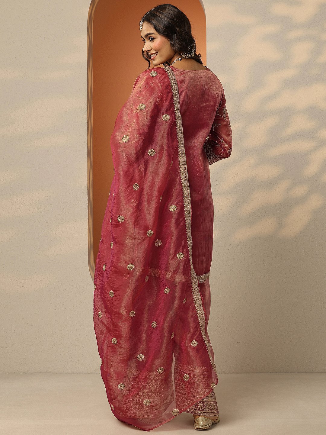 Red Printed Organza Straight Kurta, Palazzos and Dupatta Set