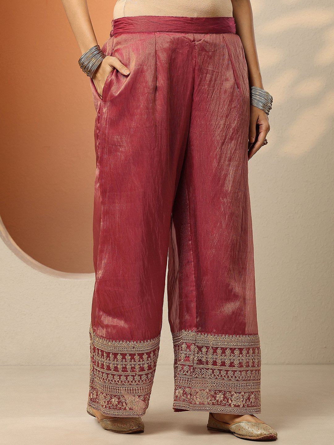 Red Printed Organza Straight Kurta, Palazzos and Dupatta Set