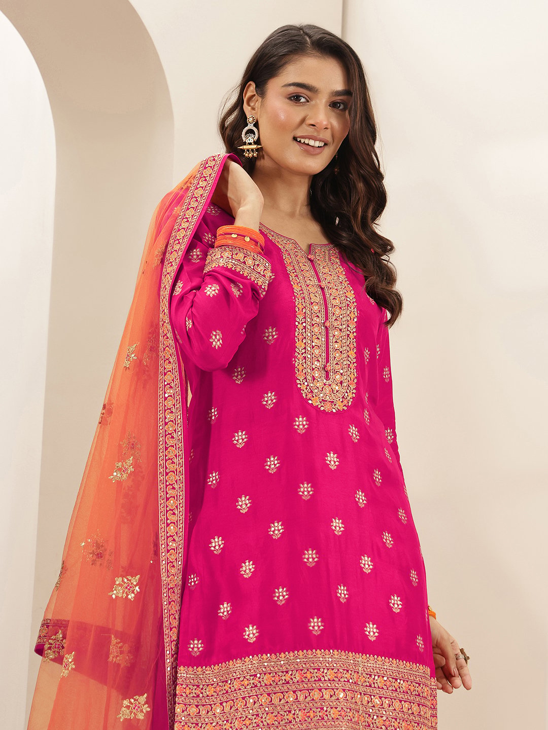 Pink Printed Silk Blend Straight Kurta, Salwar and Dupatta Set