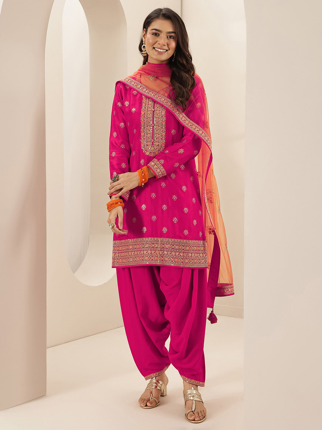 Pink Printed Silk Blend Straight Kurta, Salwar and Dupatta Set