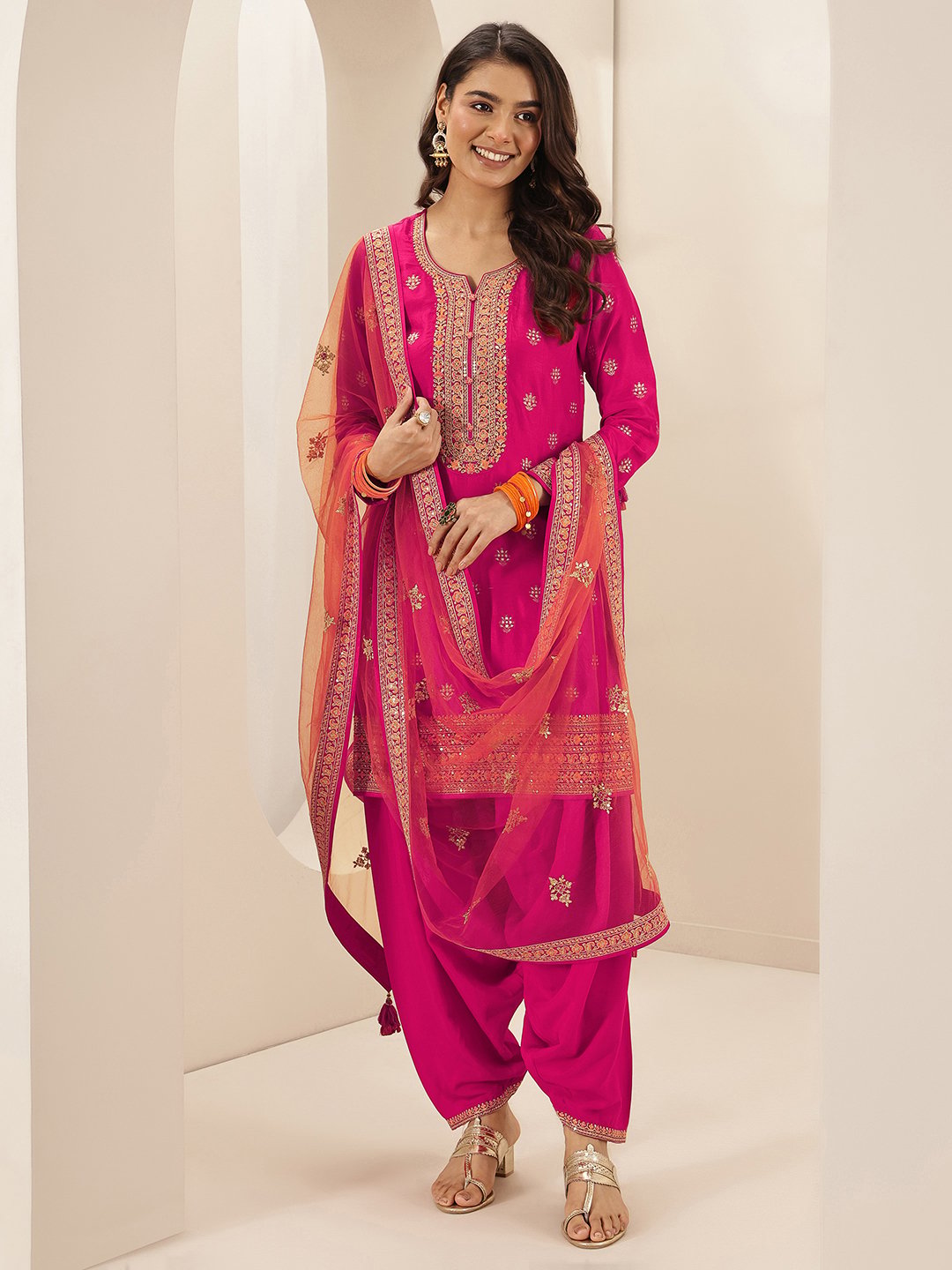 Pink Printed Silk Blend Straight Kurta, Salwar and Dupatta Set