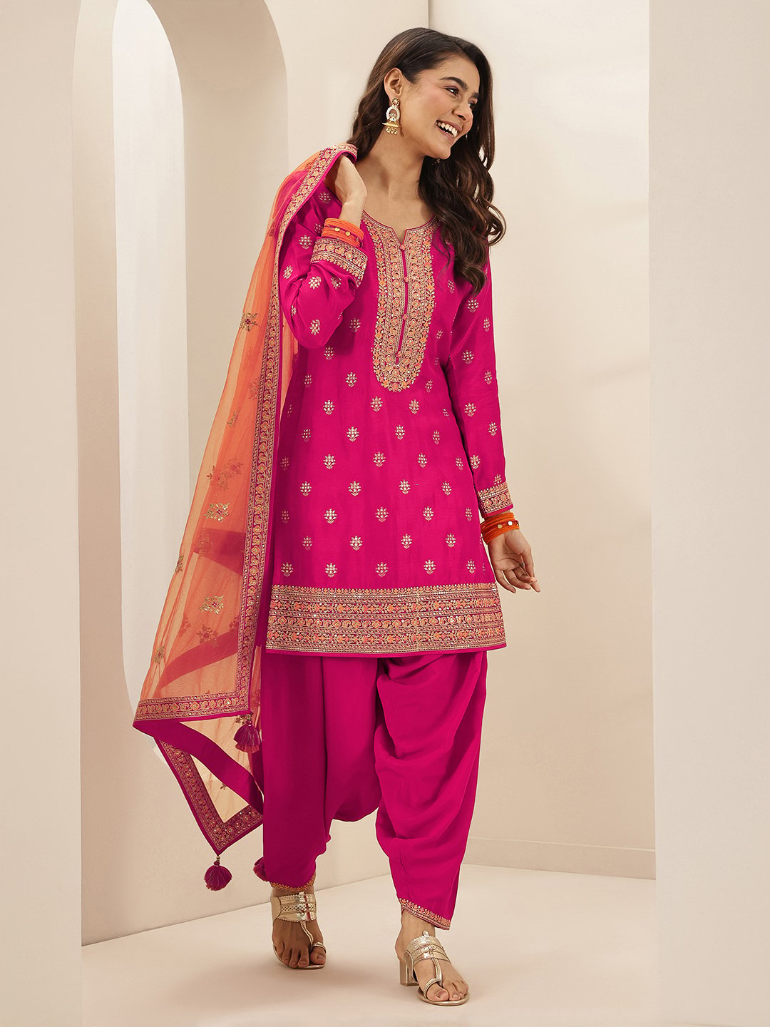 Pink Printed Silk Blend Straight Kurta, Salwar and Dupatta Set