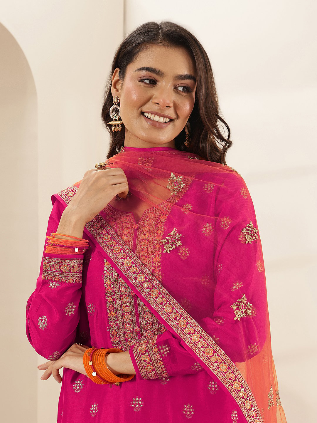 Pink Printed Silk Blend Straight Kurta, Salwar and Dupatta Set