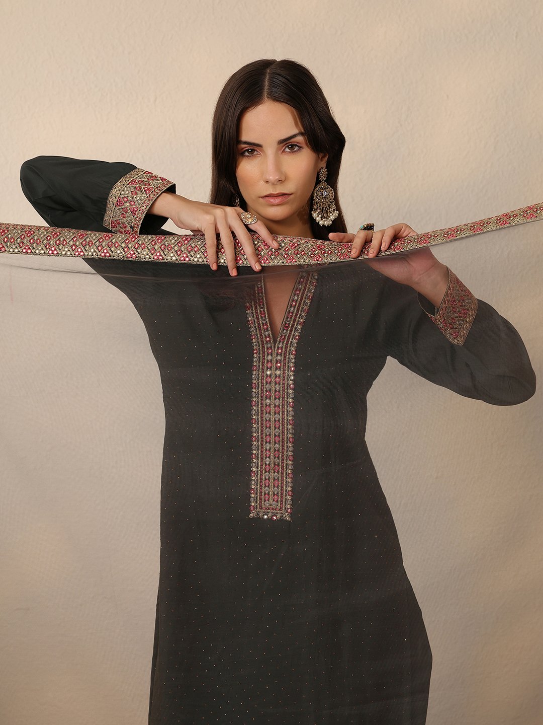 Grey Embellished Silk Blend Straight Kurta, Trousers and Dupatta Set