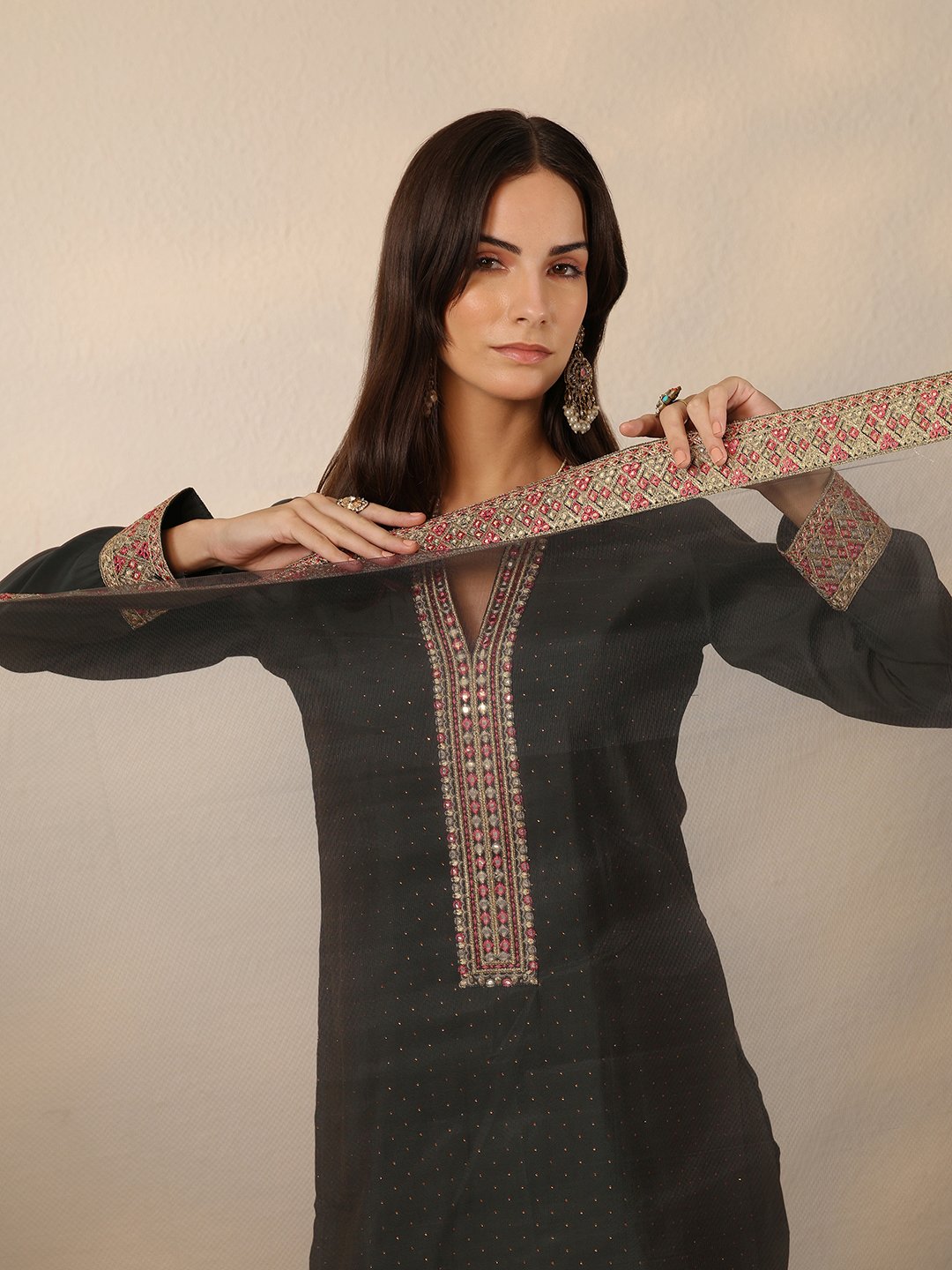 Grey Embellished Silk Blend Straight Kurta, Trousers and Dupatta Set