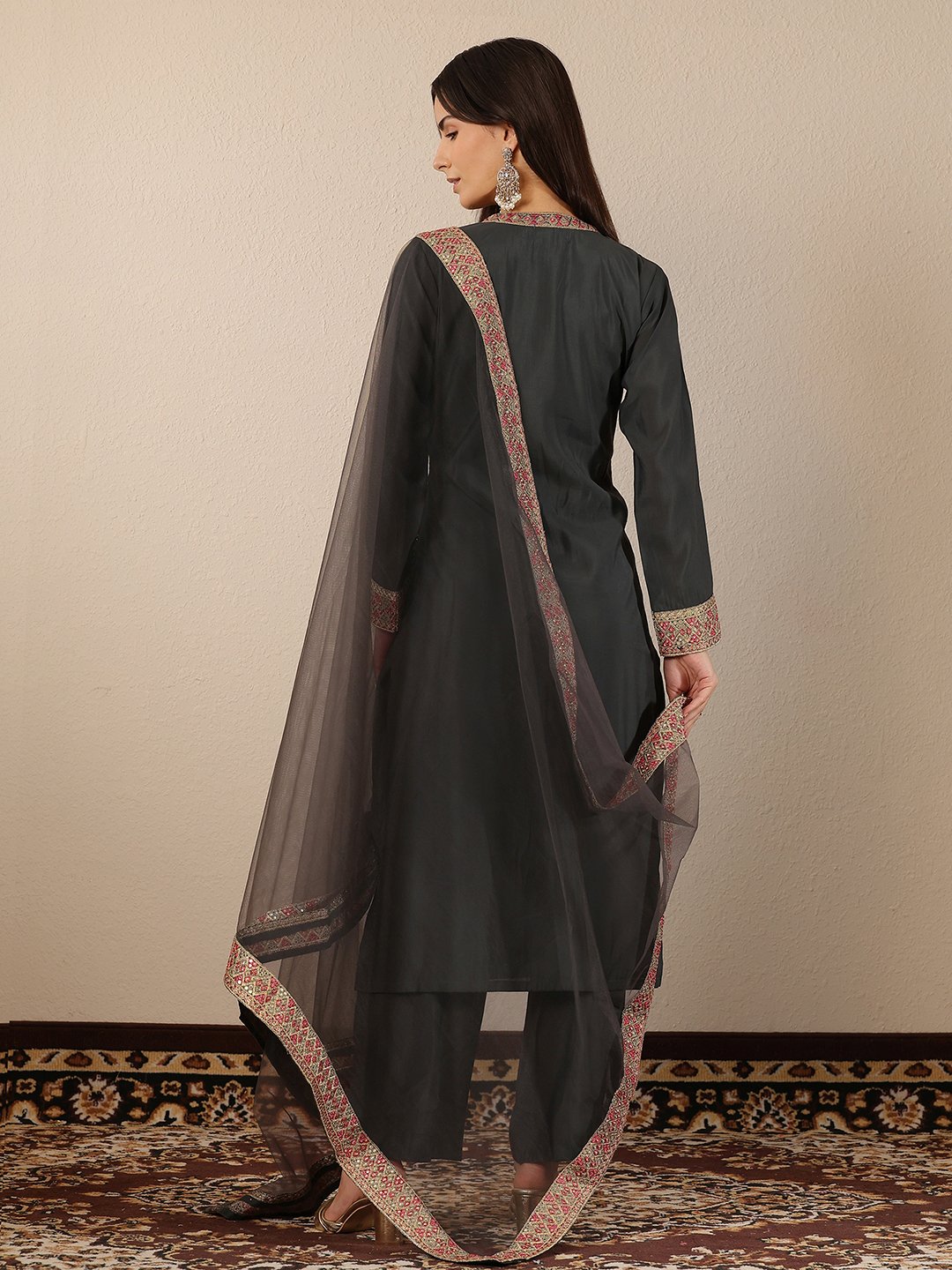 Grey Embellished Silk Blend Straight Kurta, Trousers and Dupatta Set