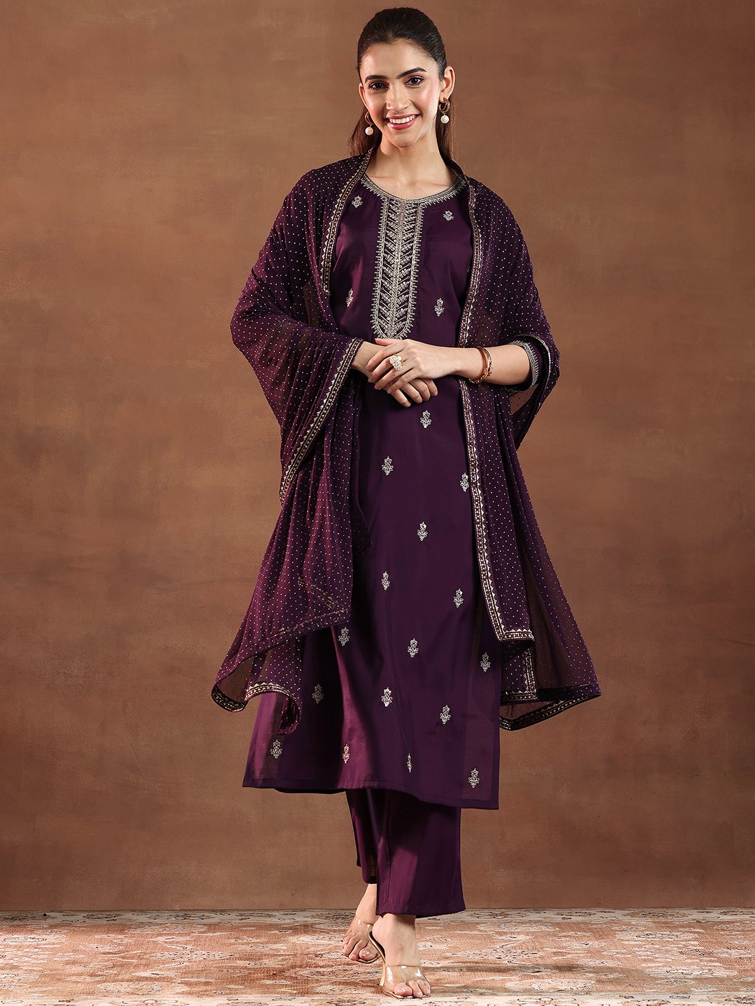 Burgundy Printed Silk Blend Straight Kurta, Trousers and Dupatta Set
