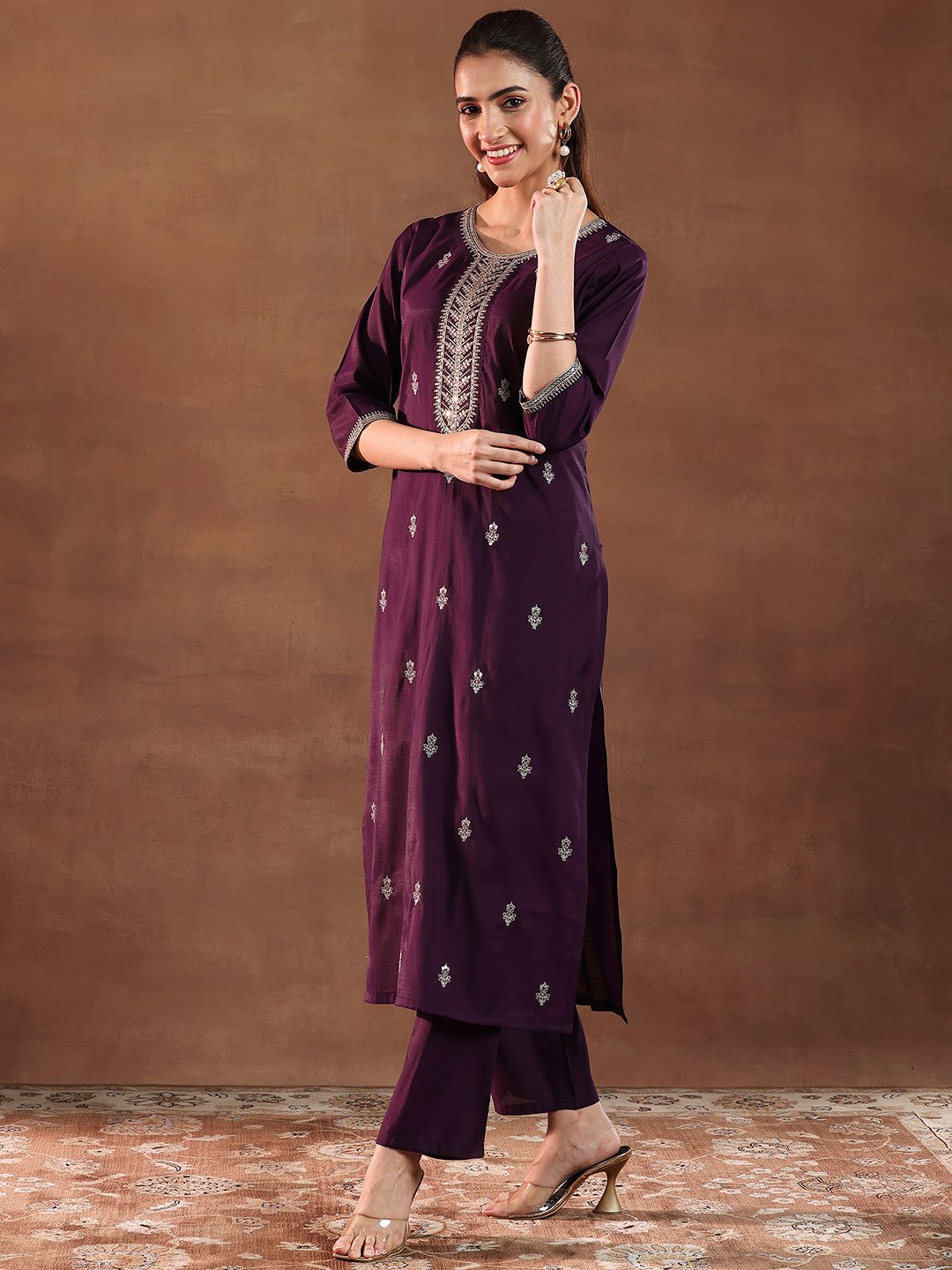 Burgundy Printed Silk Blend Straight Kurta, Trousers and Dupatta Set