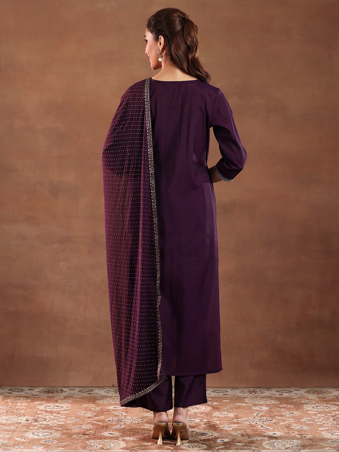 Burgundy Printed Silk Blend Straight Kurta, Trousers and Dupatta Set