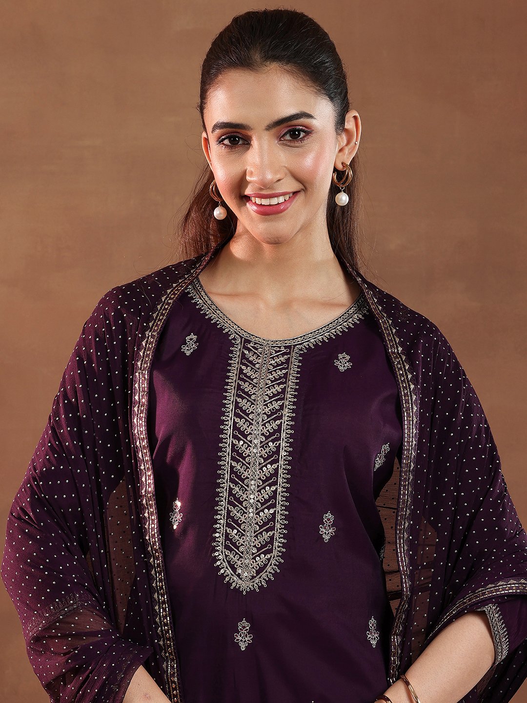 Burgundy Printed Silk Blend Straight Kurta, Trousers and Dupatta Set