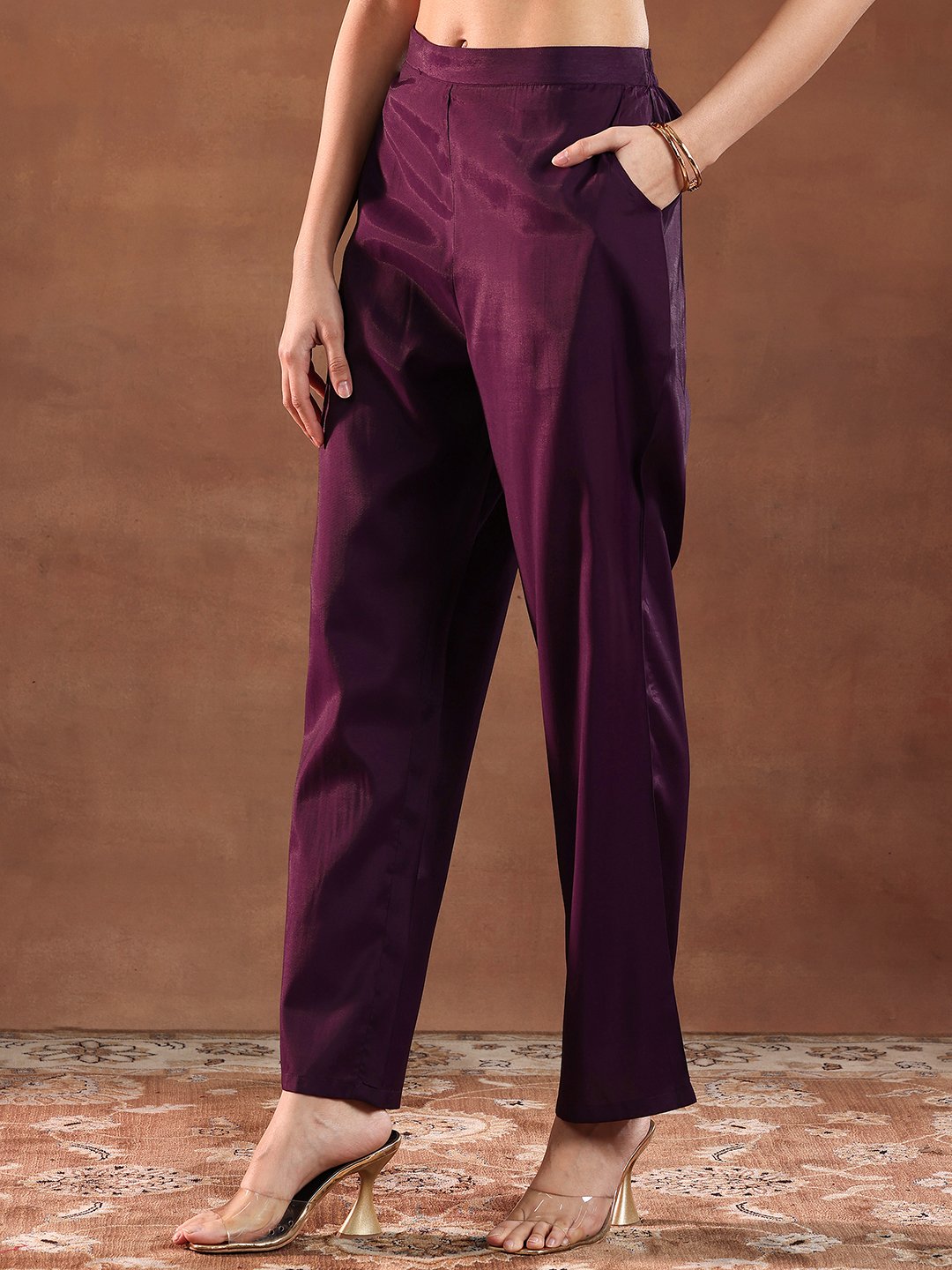 Burgundy Printed Silk Blend Straight Kurta, Trousers and Dupatta Set
