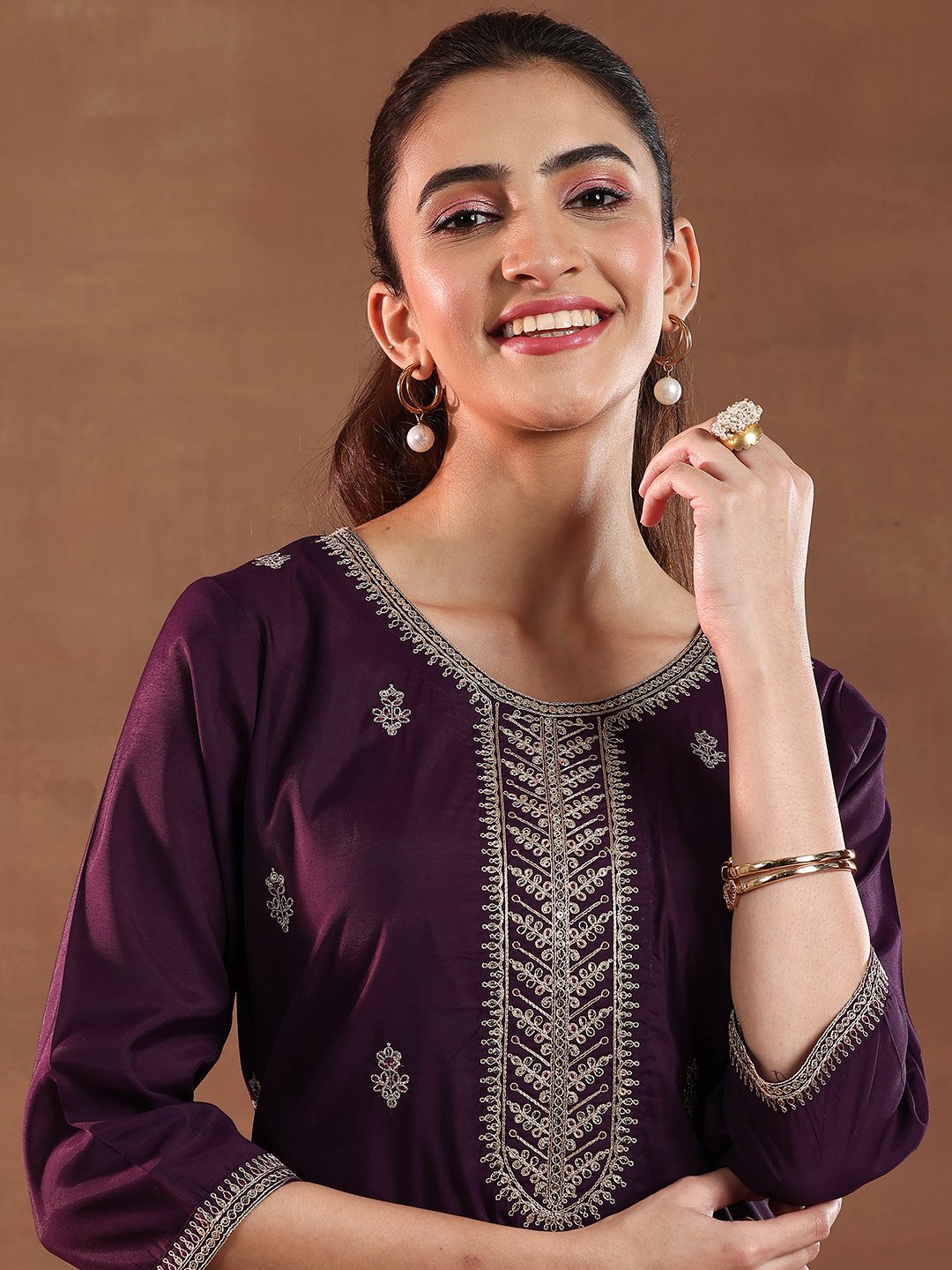 Burgundy Printed Silk Blend Straight Kurta, Trousers and Dupatta Set