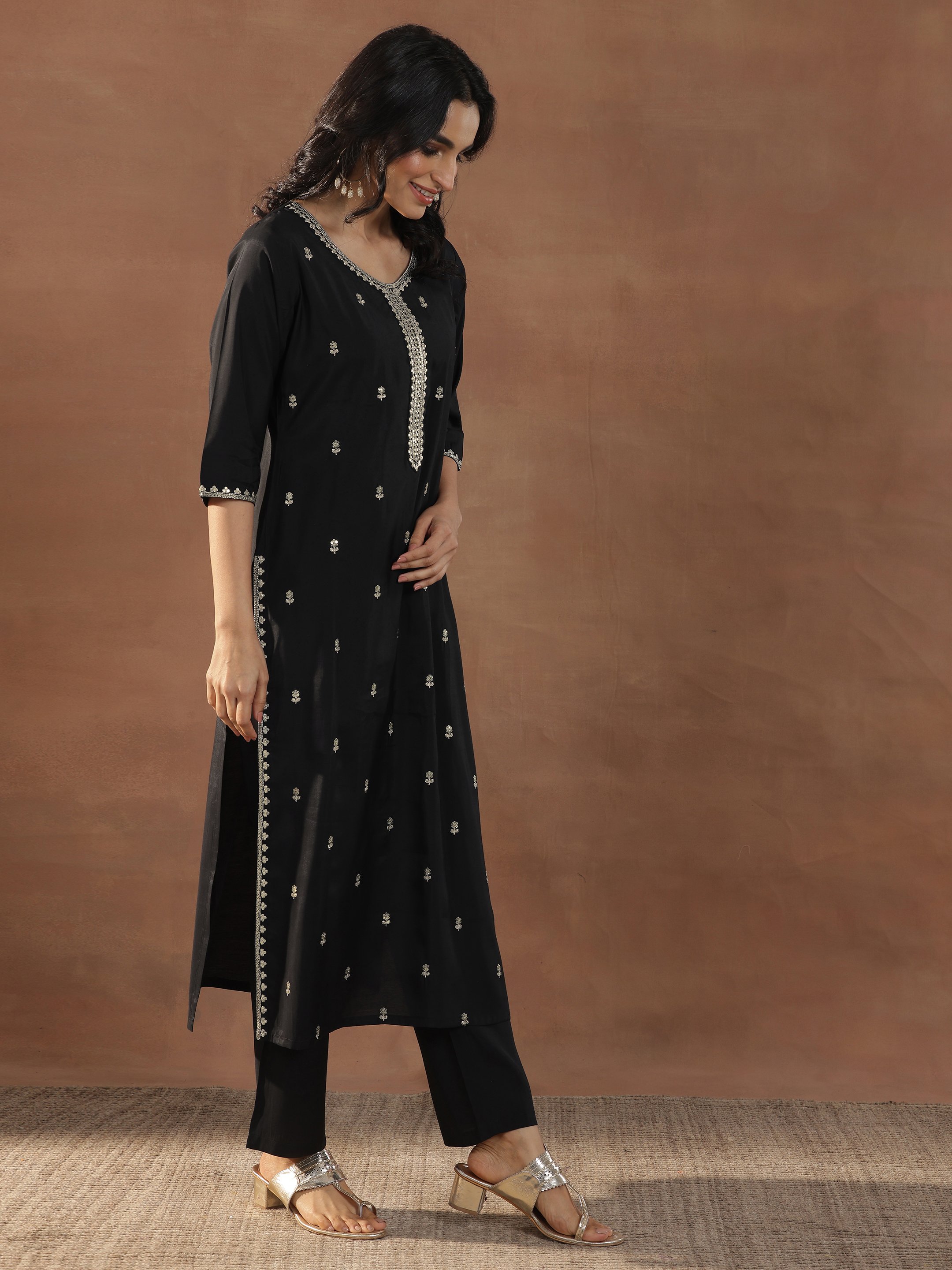 Black Printed Silk Blend Straight Kurta, Trousers and Dupatta Set