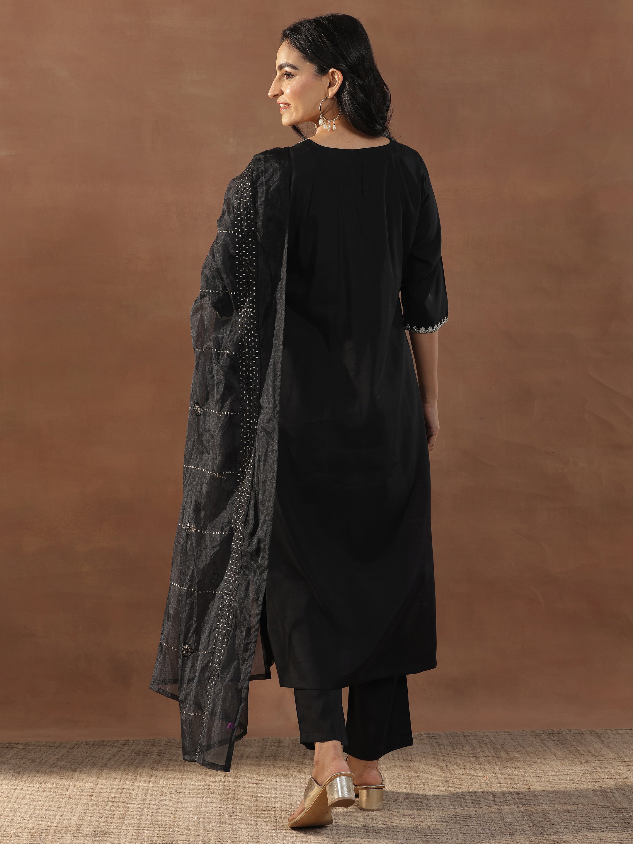 Black Printed Silk Blend Straight Kurta, Trousers and Dupatta Set
