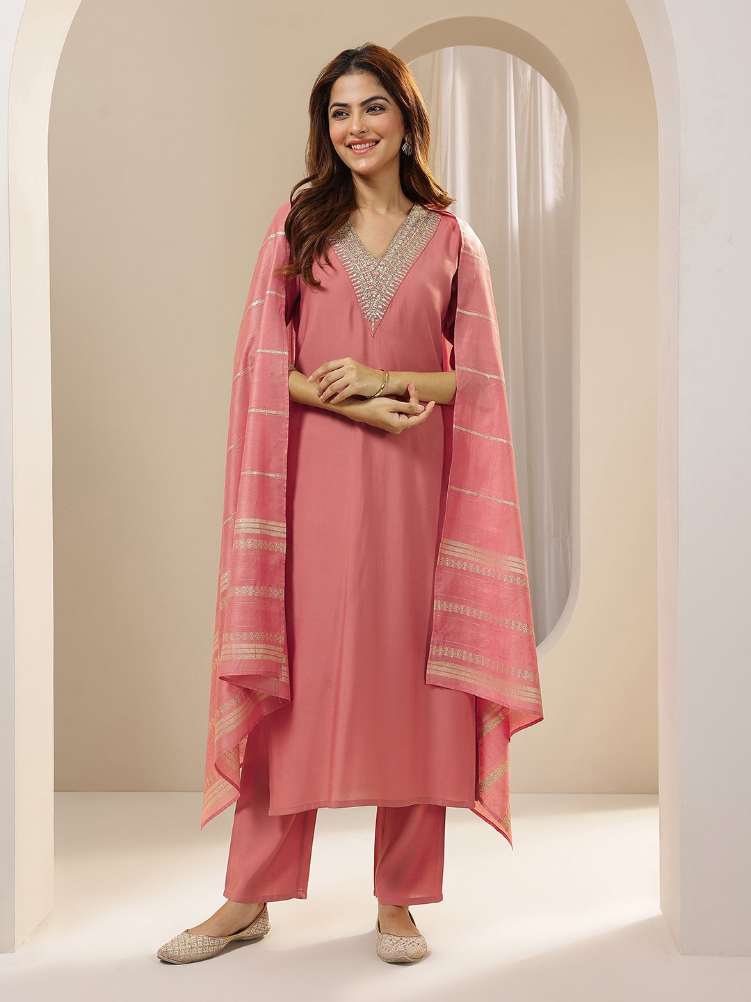Peach Yoke Design Silk Blend Straight Kurta, Trousers and Dupatta Set