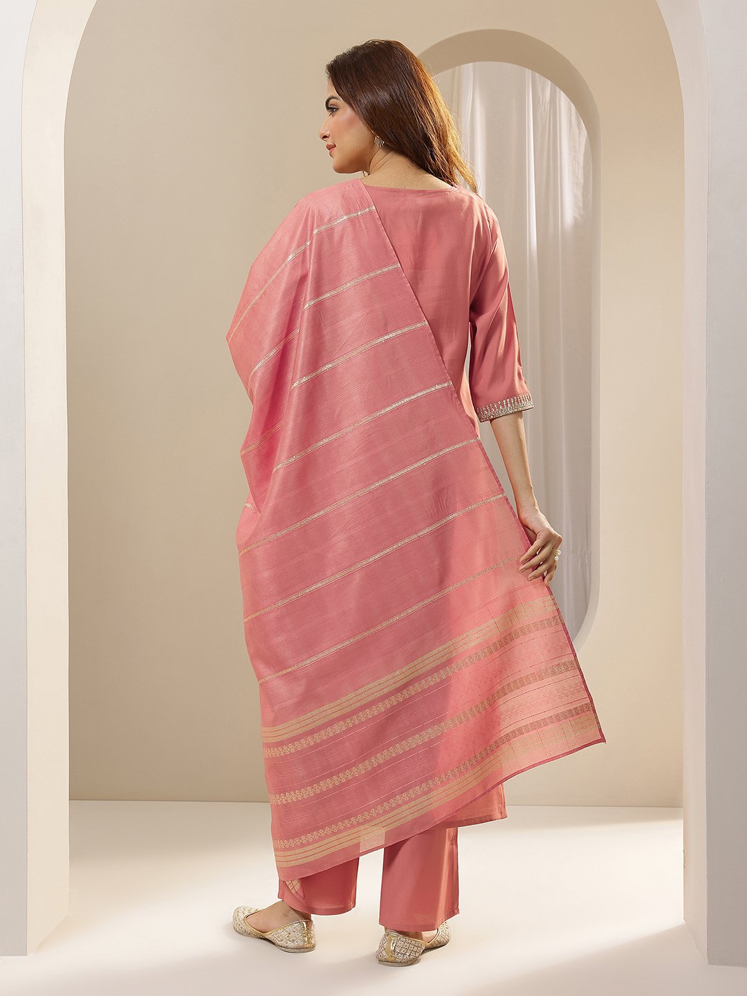 Peach Yoke Design Silk Blend Straight Kurta, Trousers and Dupatta Set