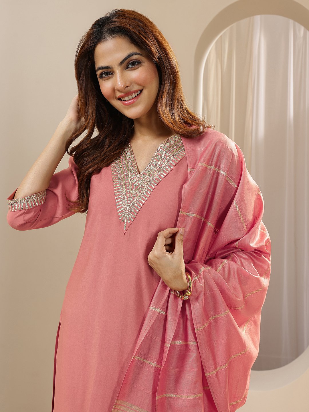 Peach Yoke Design Silk Blend Straight Kurta, Trousers and Dupatta Set