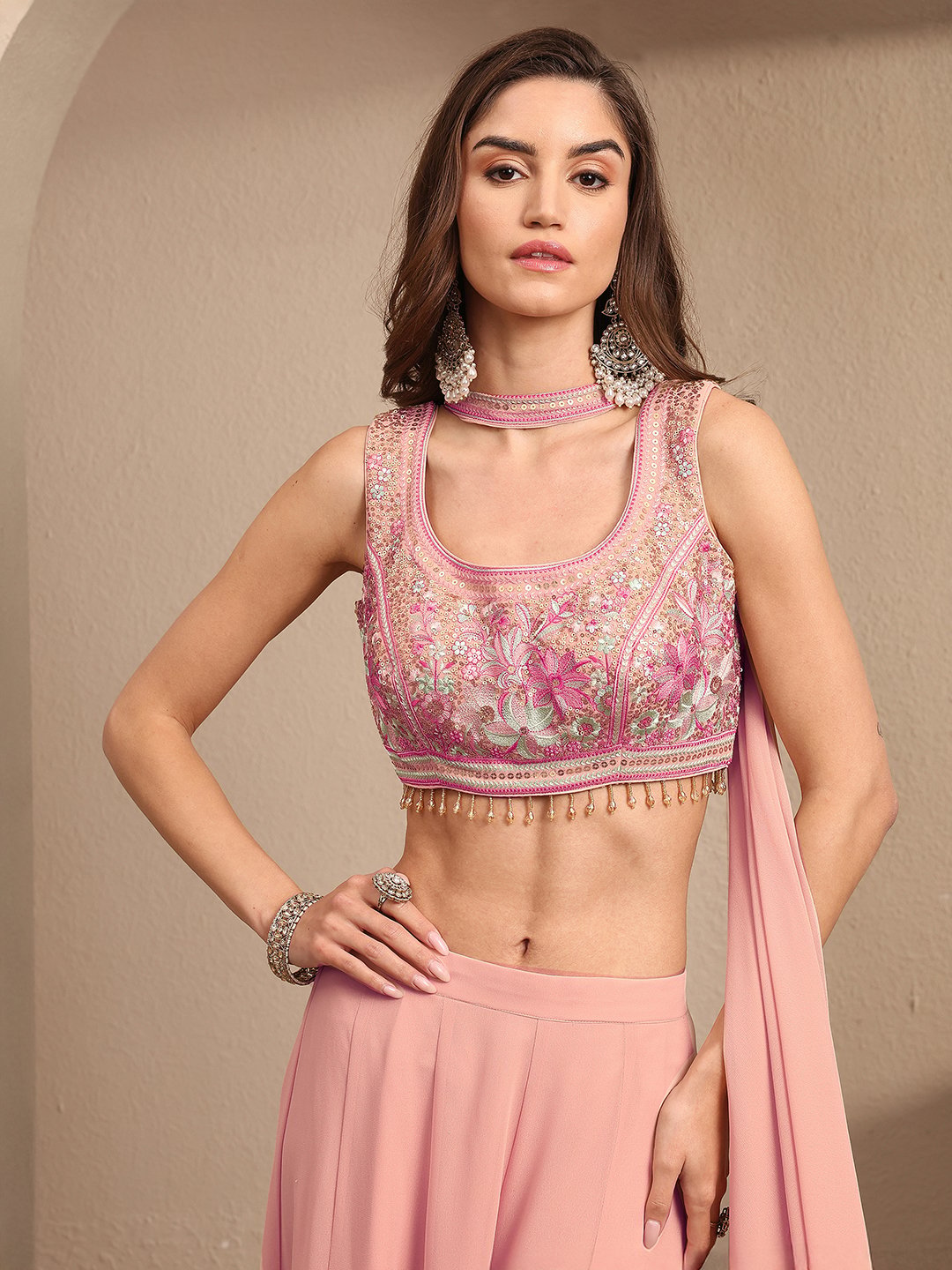 Peach Printed Georgette Top and Pants Co-Ords