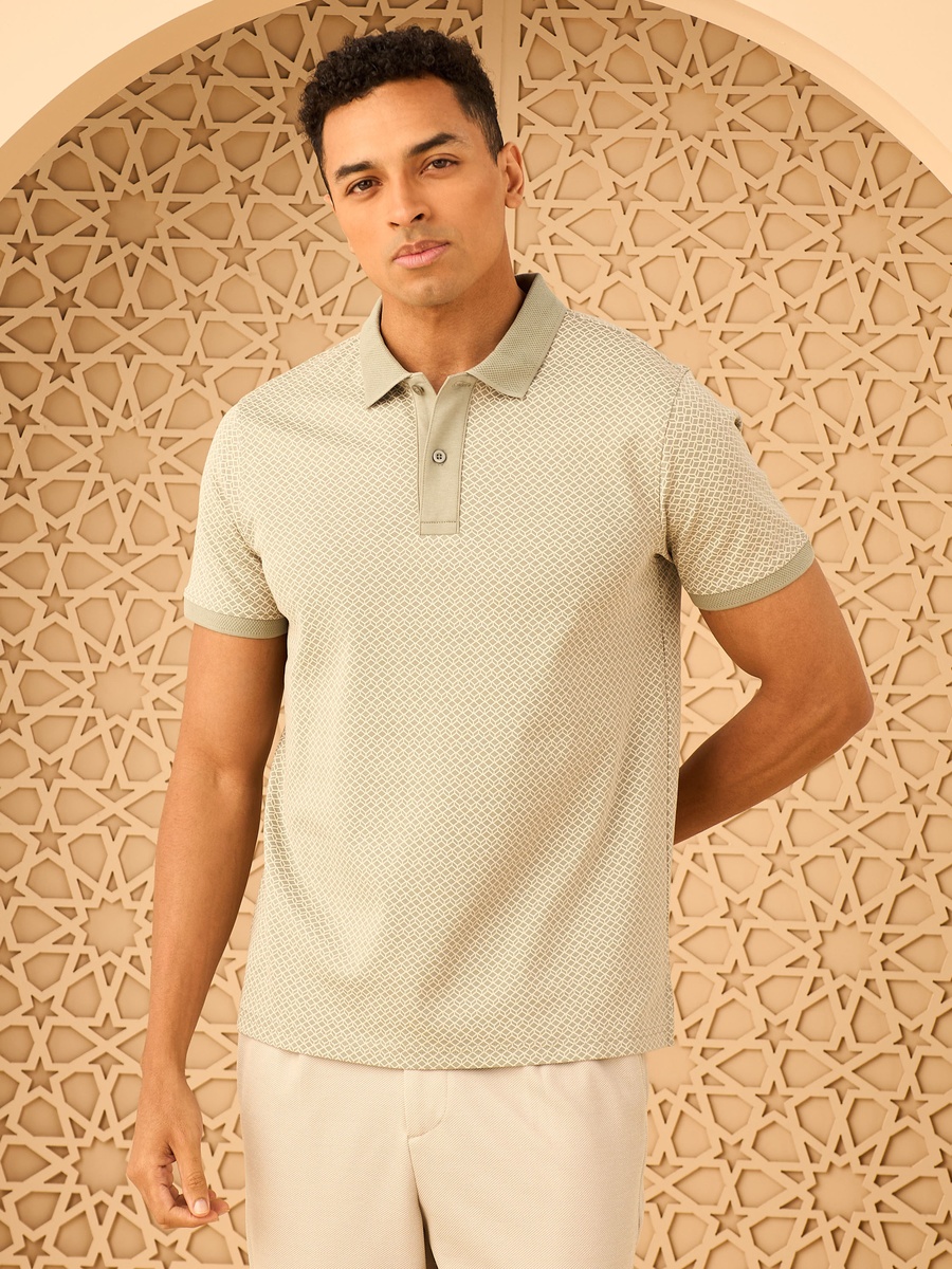 Geometric Print Interlock Polo T-Shirt